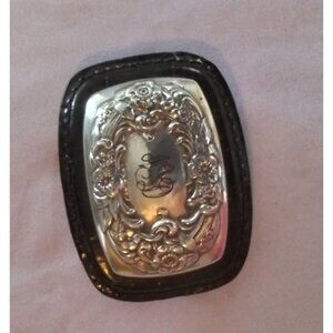 Vintage Silver Plated Hair Barrette With Floral Engraving & Black Border